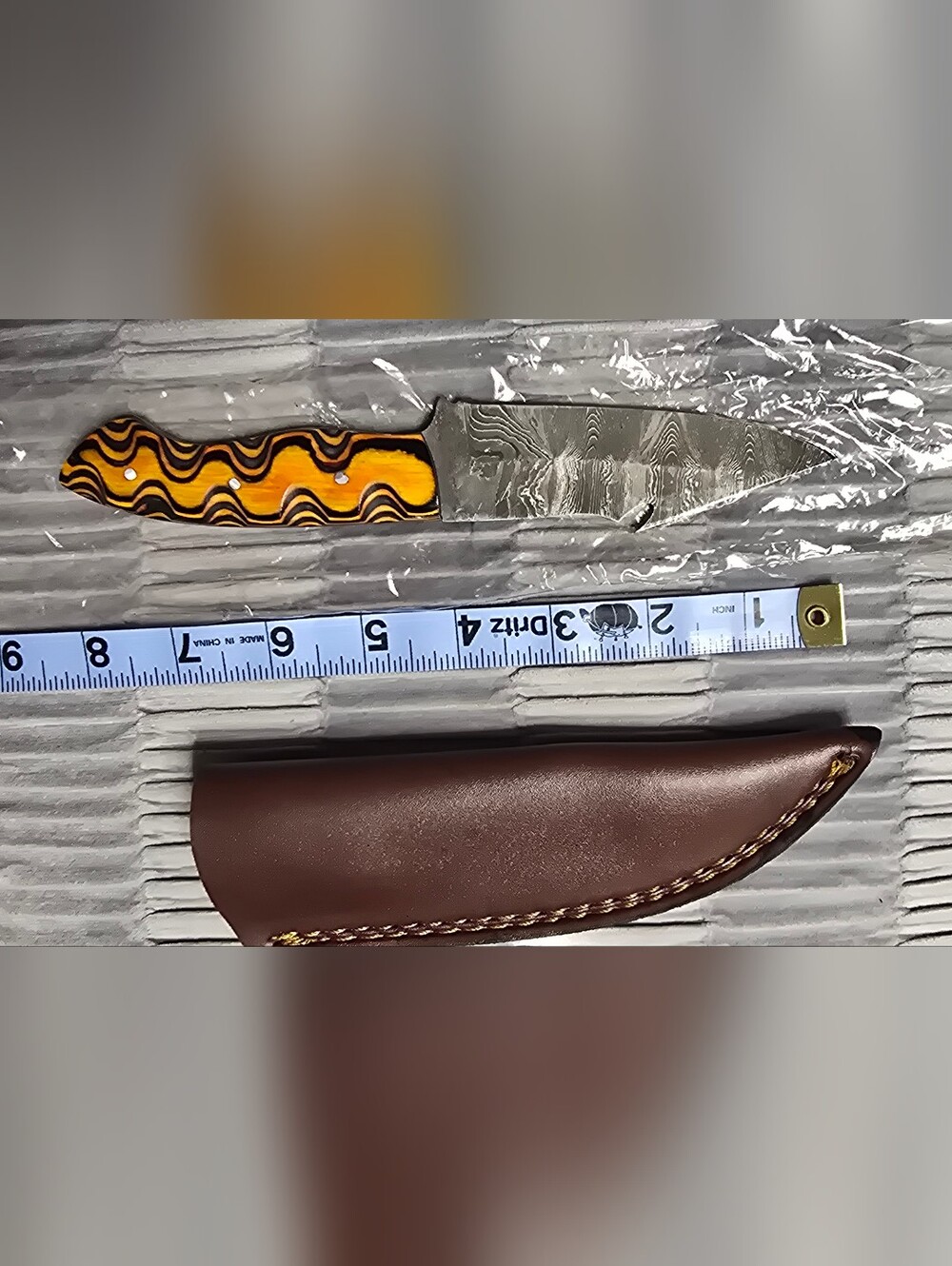 Custom Damascus Blade Knife with Yellow & Black Swirl Handle